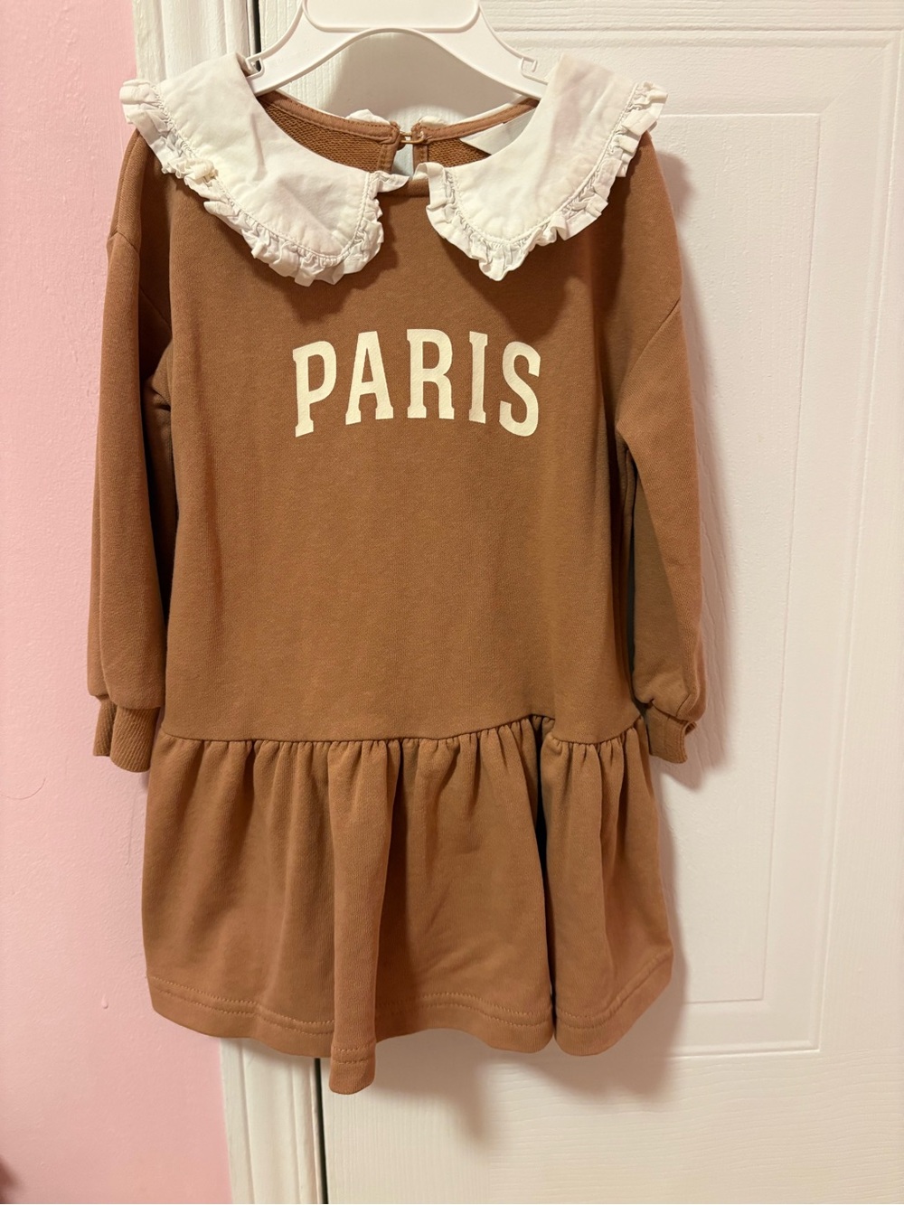 H&M Brown Knit Girls' Dress with White Ruffle Collar “Paris” 18-24 months